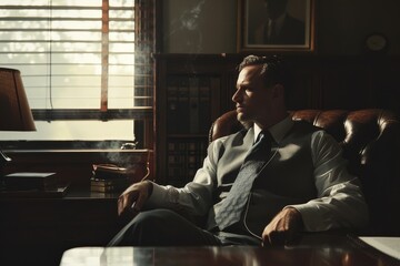 A man dressed in a suit and tie, seated in a chair at a desk, deep in thought, A professional man sitting at a desk, deep in thought