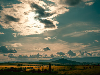 Rural landscape in Czech Republic.. Dramatic sky with clouds.