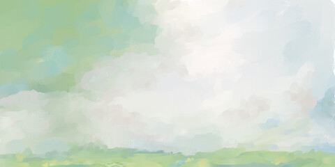 Light & Airy Soft & Serene Cloudscape Landscape Meadow in Soft Pastel Colors - Digital Painting, Art, Artwork, Illustration