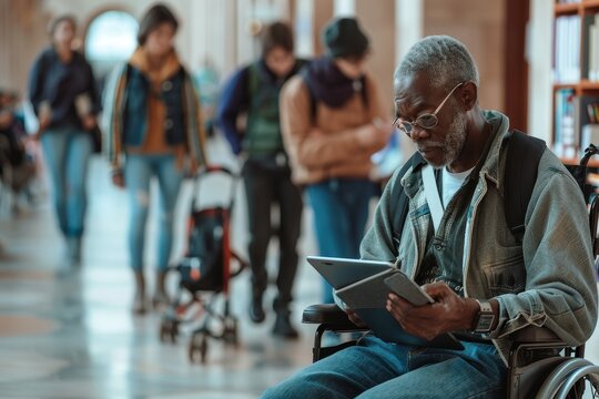 A man in a wheelchair engaging with a tablet device, A professor in a wheelchair, using a tablet to communicate with students