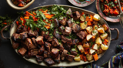 Delicious mongolian feast with juicy meat, roasted veggies, and colorful salads displayed on a charming table