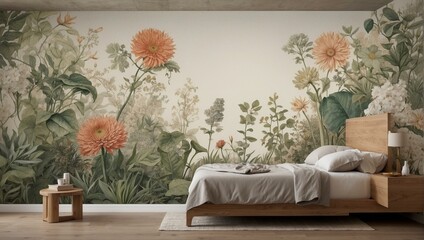 Serene bedroom interior with vibrant botanical wall mural
