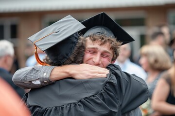A man in a graduation gown is embraced by another man in a proud hug, A proud parent or family member hugging a graduate with tears of joy