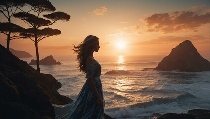 Elegant woman in flowing dress at sunset by the ocean