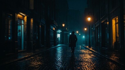 Lonely man walking on a rainy, cobblestone street at night