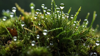Dew drops glistening on vibrant green moss in close-up