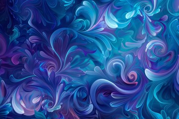 A painting featuring swirling patterns in shades of blue and purple on a blue backdrop, A psychedelic pattern of swirling blues and purples on a mesmerizing blue background