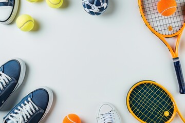 A tennis racket and a pair of tennis shoes are surrounded by a variety of sports with copy space - Powered by Adobe