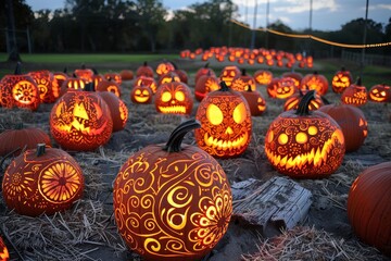 A field filled with pumpkins, each carved with unique faces, creating a spooky Halloween scene, A pumpkin patch with Jack-o'-lanterns carved with intricate designs