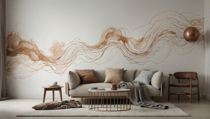 Elegant living room with abstract watercolor wall mural