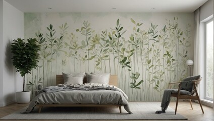 Elegant bedroom with pastel watercolor wall mural and modern decor