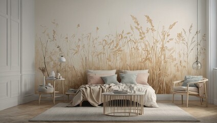 Elegant natural reed wall mural in a cozy modern bedroom