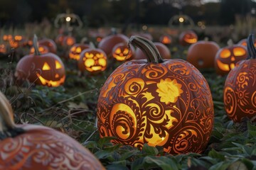 Numerous pumpkins with intricate carvings displayed in a vast field, A pumpkin patch with Jack-o'-lanterns carved with intricate designs