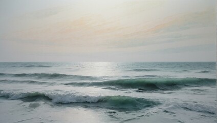 Obraz premium Serene ocean waves under a soft pastel sky at sunrise