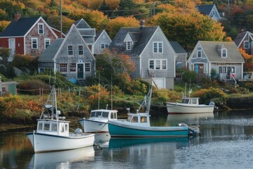 Several boats peacefully float on a lake in a quaint seaside village, A quaint seaside village,...
