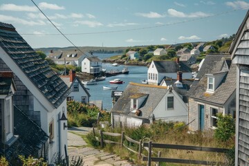 Fototapeta premium A harbor with various boats floating in the water, surrounded by a seaside village with charming cottages, A quaint seaside village, with charming cottages and fishing boats bobbing in the harbor