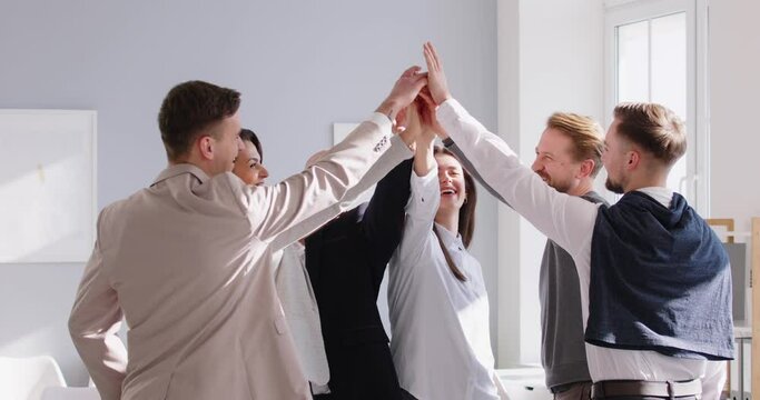 Business people high five, applauding happy team in celebration or office greeting. Friends showing approval or praise by clapping, productive work, successful coaching, management, result admiration 