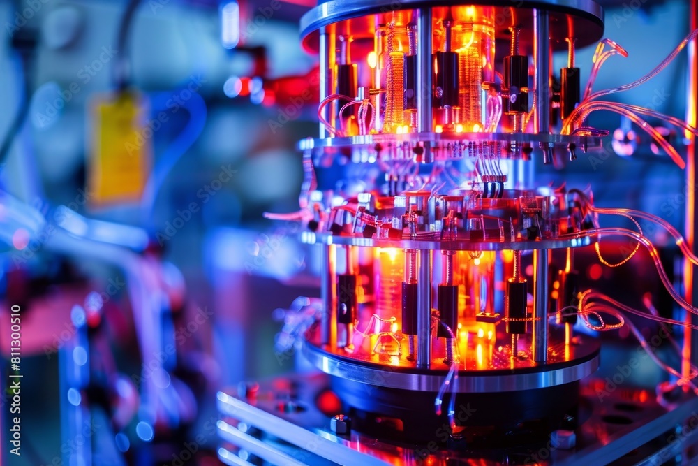 Poster detailed close-up of a complex machine with numerous wires and cables, a quantum computer that repre