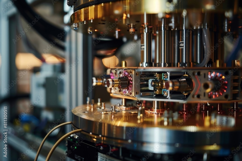 Poster detailed view of a cutting-edge quantum computer featuring a clock on the display, a quantum compute