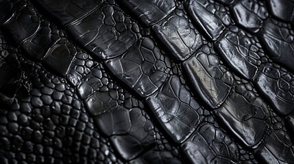 a close-up view of black leather with an intricate reptilian pattern. Generative AI