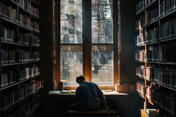A man sits at a library desk, engrossed in his studies among bookshelves and papers, A quiet...