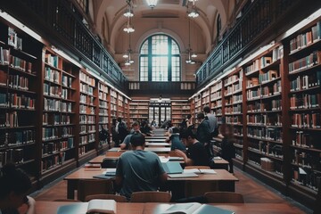 A vast library packed with numerous books on shelves, with students browsing and studying, A quiet library with rows of bookshelves and students studying at tables