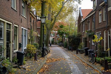 A narrow street flanked by old brick buildings and leafy trees, A quiet street with old brick buildings and leafy trees