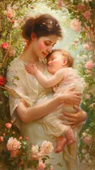 A serene and loving portrayal of a mother cradling her newborn