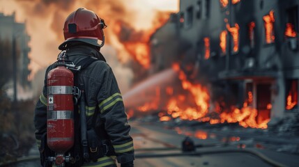 Fototapeta premium Firefighter is standing in front of a burning building