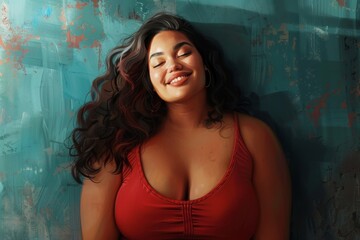 Fototapeta premium Curvy woman wearing red top leaning against a wall, A realistic portrayal of a curvy woman with a radiant smile