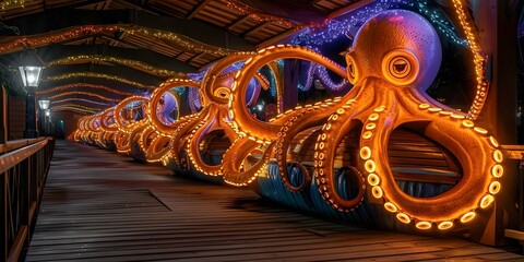 Octopusthemed gondola ride in Oss Netherlands with colorful lights and ocean theme. Concept Ocean Theme, Octopus Decor, Gondola Ride, Colorful Lights, Oss Netherlands - obrazy, fototapety, plakaty