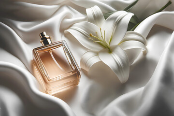 Glass perfume bottle and white lily on white silk fabric