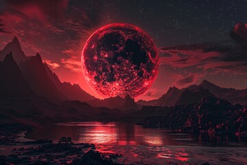 A red planet looming in the sky, showcasing towering mountains in the background, A red moon hanging low in the night sky, casting a blood-red glow over the landscape
