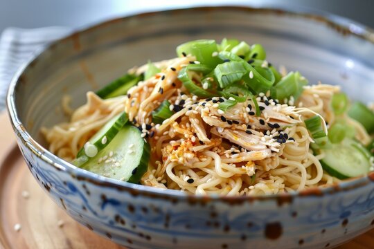 A blue bowl filled with cold sesame noodles and assorted fresh vegetables, A refreshing bowl of cold sesame noodles, topped with julienned cucumbers and shredded chicken