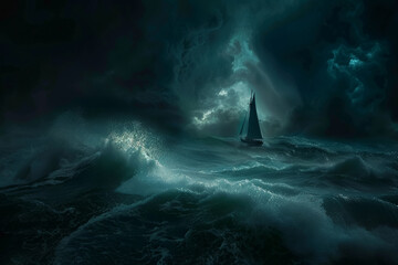 Dramatic Nighttime Seascape with Solitary Boat Battling Stormy Waves Under Moonlight