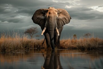 Majestic elephant standing in the water while drinking, A regal elephant drinking from a watering hole