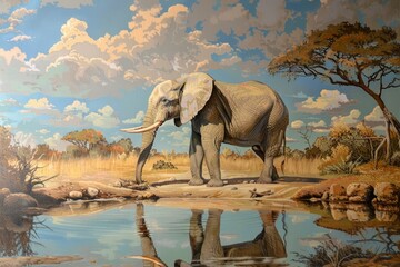 Fototapeta premium A painting of a regal elephant standing in front of a body of water, possibly drinking or exploring, A regal elephant drinking from a watering hole