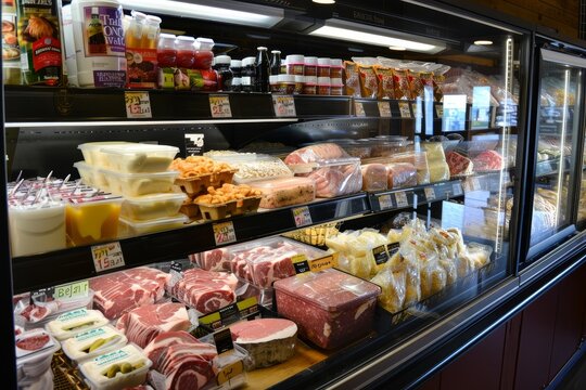 Various types of fresh meat neatly arranged in a refrigerated display case at a grocery store, A refrigerated section stocked with dairy products and meats