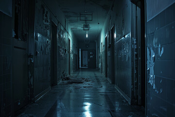 Haunted Hospital Corridor with Flickering Lights and Creaking Doors