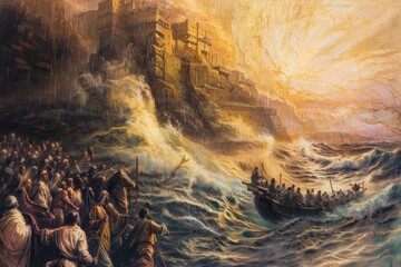 A painting depicting a boat sailing in the vast waters of the Red Sea, A representation of the crossing of the Red Sea