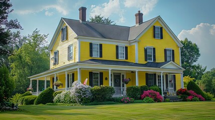 A yellow house with a porch and flowers.