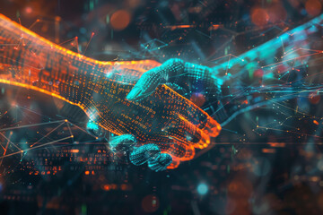 Artistic Digital Handshake Illustrating Trust and Security in Digital Voting