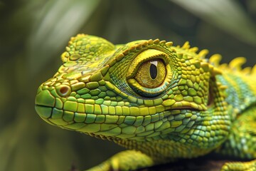 Fototapeta premium Close up view of a lizard with vibrant green scales and sharp yellow markings, A reptile with vibrant green scales and sharp, yellow eyes