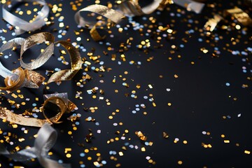 Gold and silver confetti on black background.