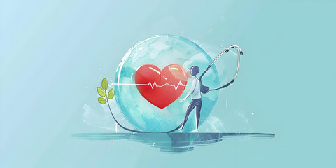 Medicine doctor working pushing heart Drawing symbols heart health. Vector illustration of a doctor with stethoscope and cardiogram.