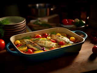 Baked whole fish with vegetables in a baking dish on kitchen table 