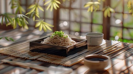 cold soba noodles on a bamboo mat, served with dipping sauce, sliced green onions, wasabi on the side, minimalist Japanese aesthetic, natural light casting soft shadows realistic - Powered by Adobe