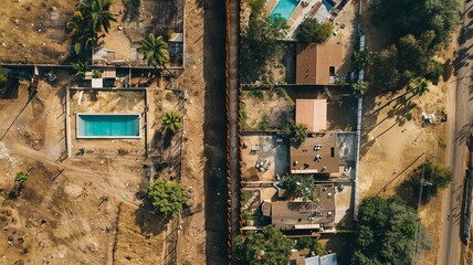 photo of a border wall with poverty on one side the border and a wealthy neighborhood houses with pools on the other side. Mexico USA border.