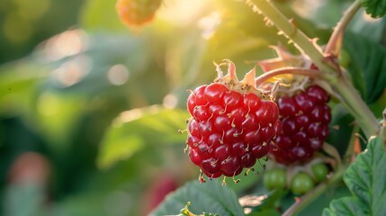 Close-up of a ripe red raspberry hanging from a branch in a garden. The berry is illuminated by the sun and has a natural, fresh appearance.