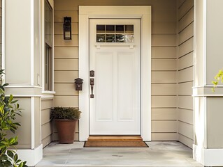 A front door with a white door and a potted plant.